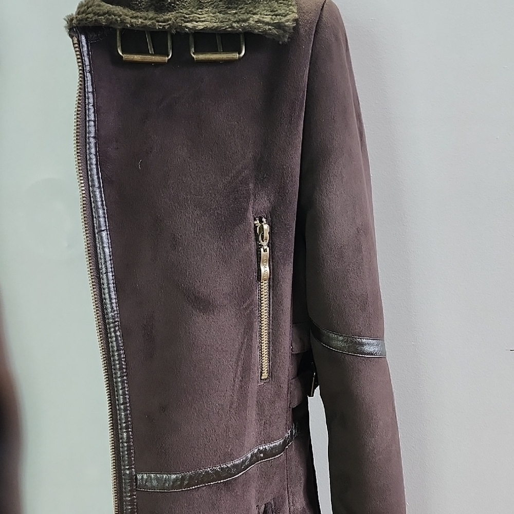 VINTAGE BALMAIN brown faux suede faux leather long coat - Picture 5 of 15